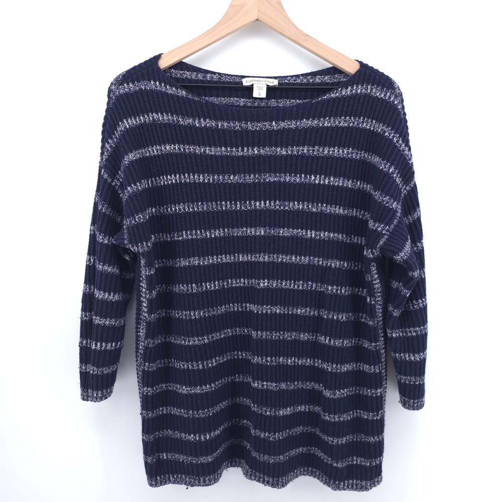 Coldwater Creek Womens Sweater L 14 Navy Blue White Striped Boat Neck Knit
